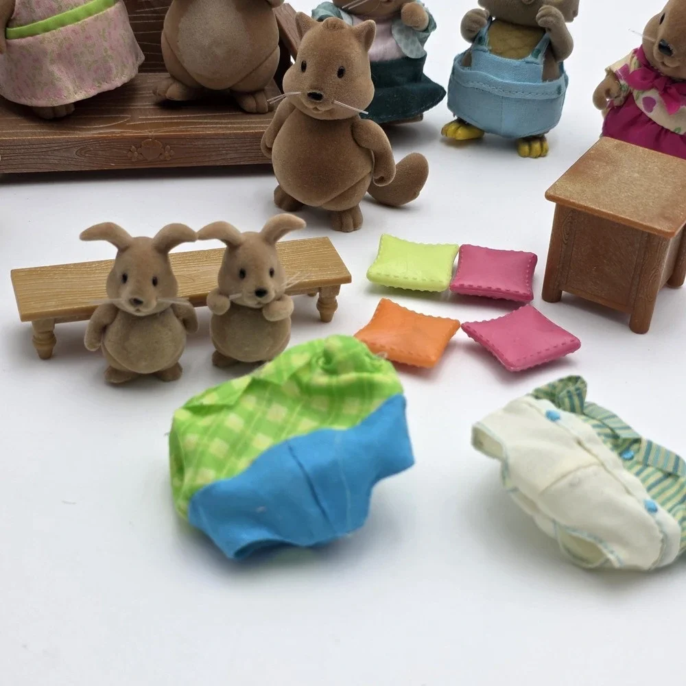 Calico Critters Little Woodzeez Cotton‎ ball Bunnies LOT OF 9 with Accessories.